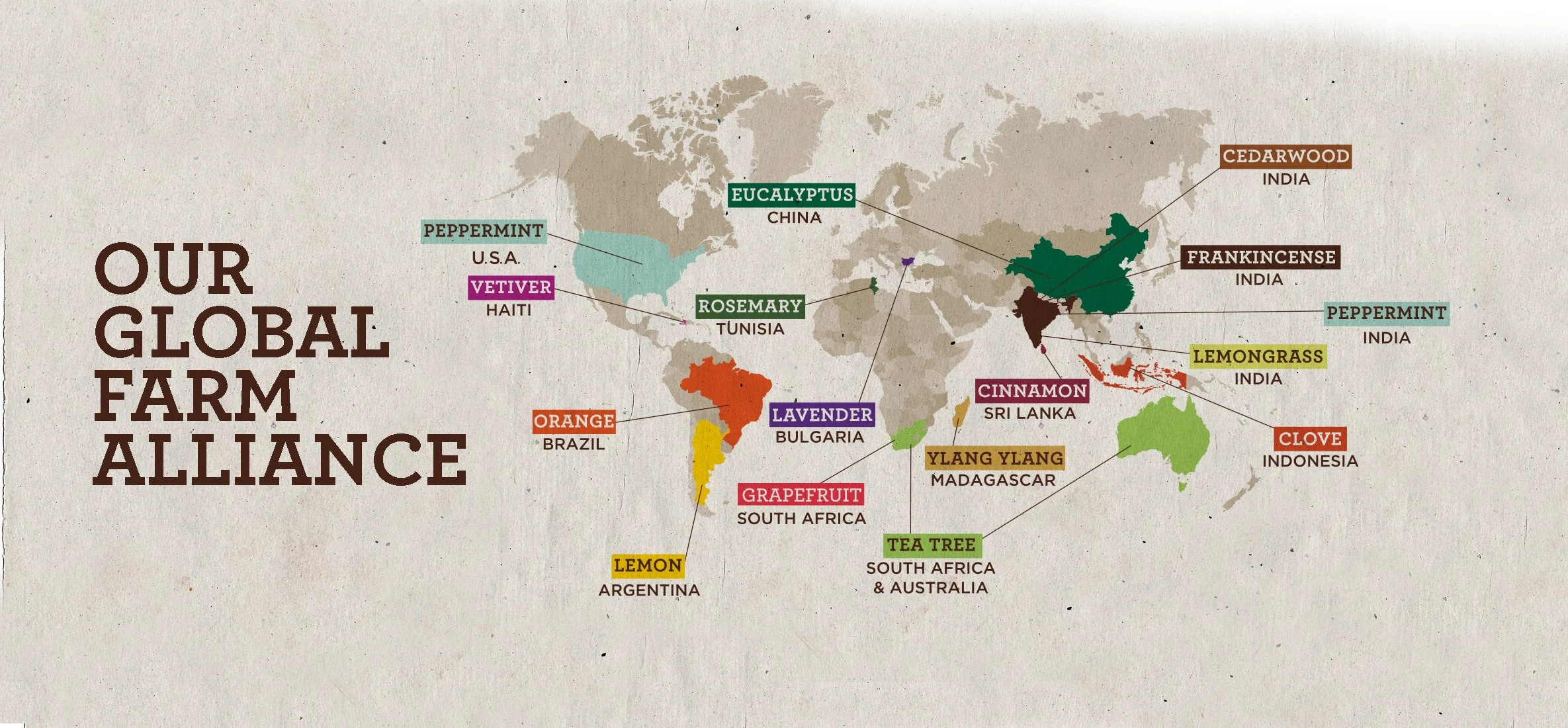World map titled Our Global Farm Alliance, with each essential oil pinned to the country it comes from