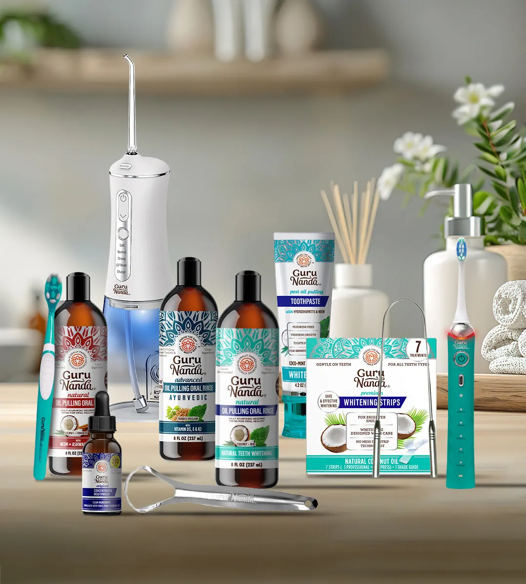 GuruNanda oral care products arranged on a bathroom counter with a water flosser