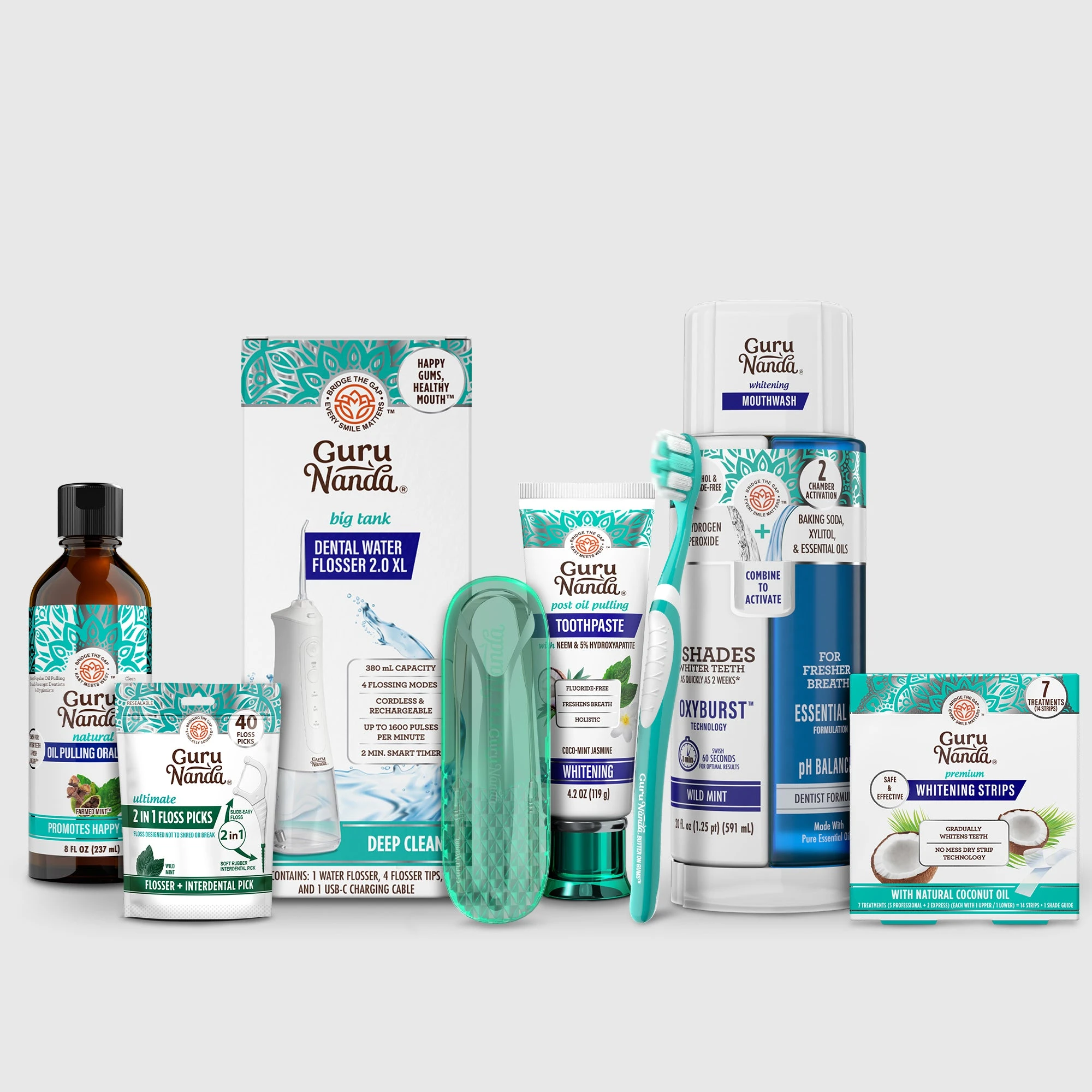 Every product of the GuruNanda 7-Step Oral Care Routine lined up