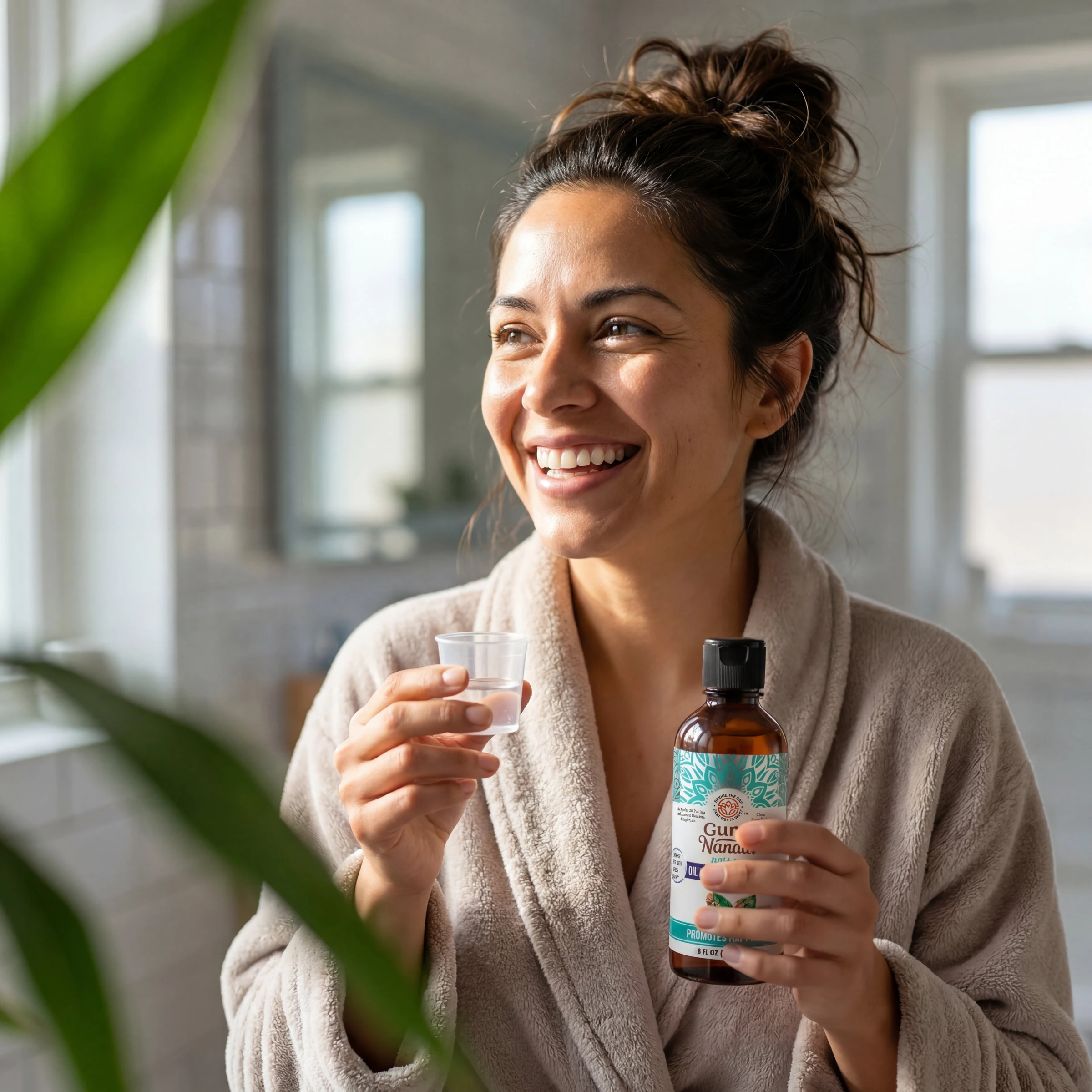 A woman in a bathrobe smiling in her bathroom, holding a bottle of GuruNanda pulling oil and a small cup
